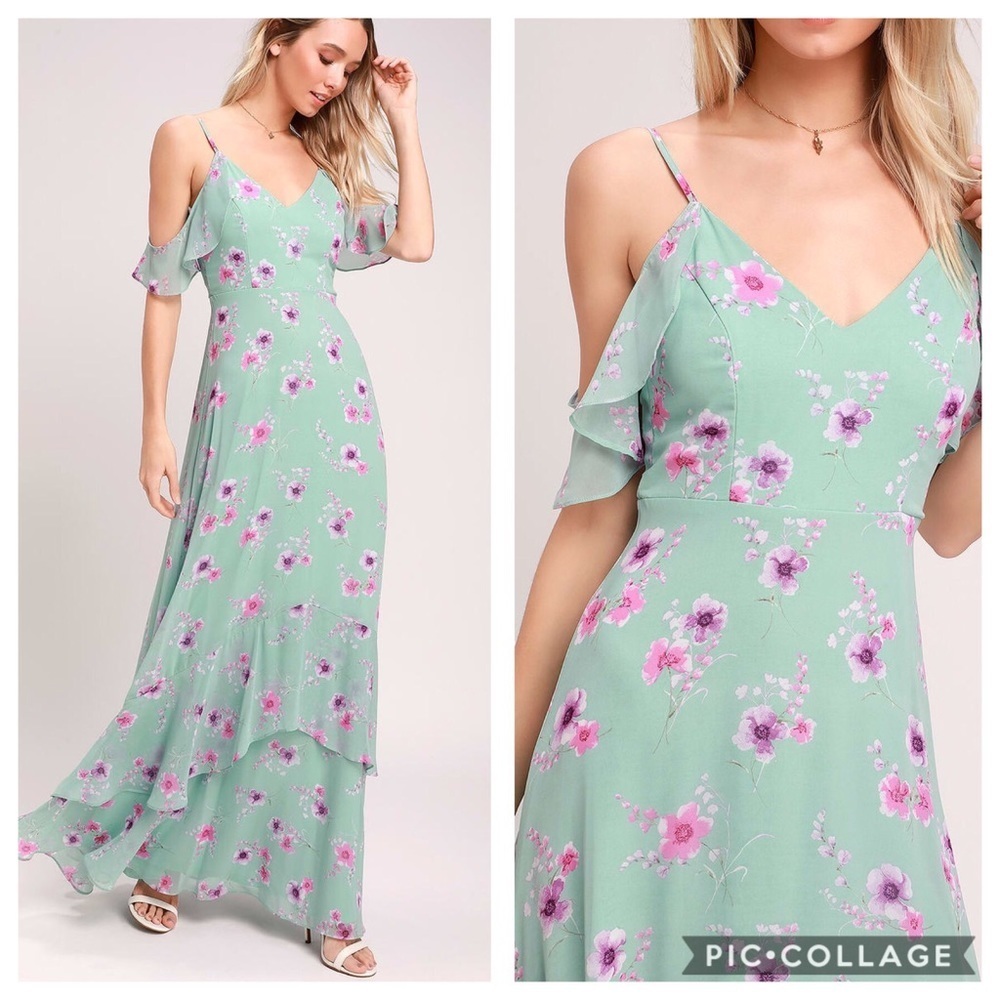 New! Lulu's Mint Green Floral Print Maxi Dress